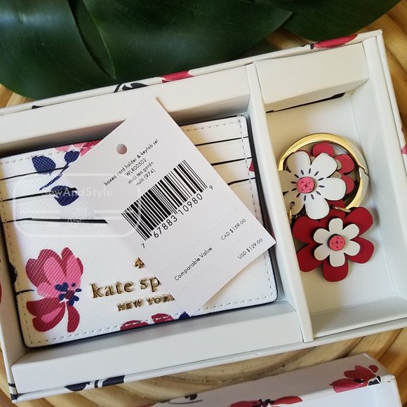 BOXED CARD HOLDER KATE SPADE KEY FOB STACI TEA GARDEN FLORAL BRAND NEW - Picture 2 of 7